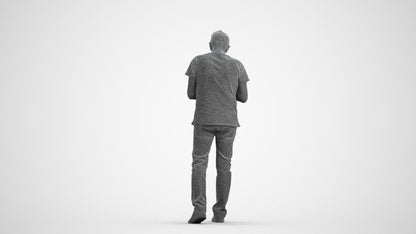 photogrammetry 3D senior man casual walking, realistic human model archviz FBX, wireframe front view