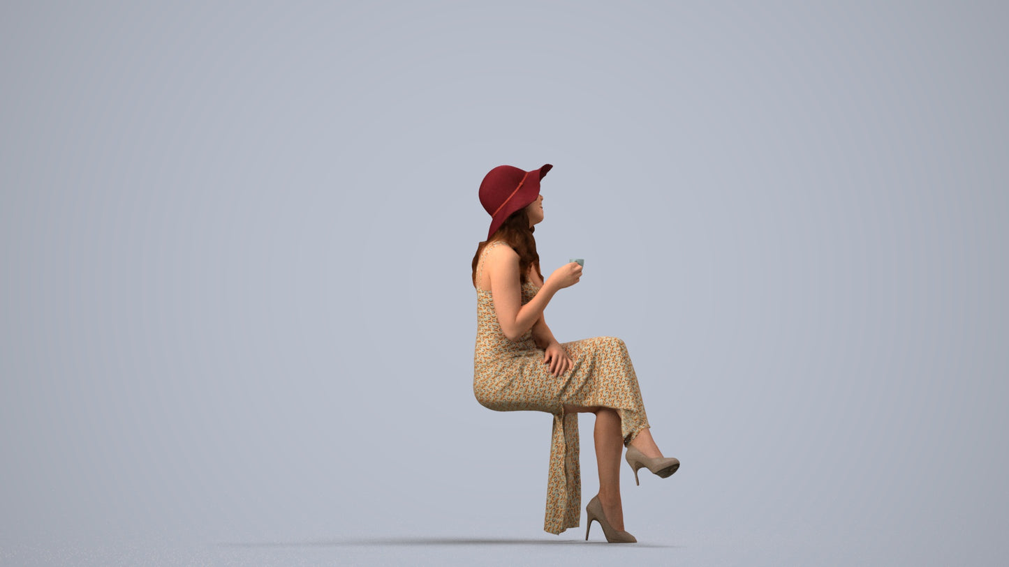 realistic 3D people woman casual sitting, render-ready for V-Ray and Corona, FBX OBJ, side view render