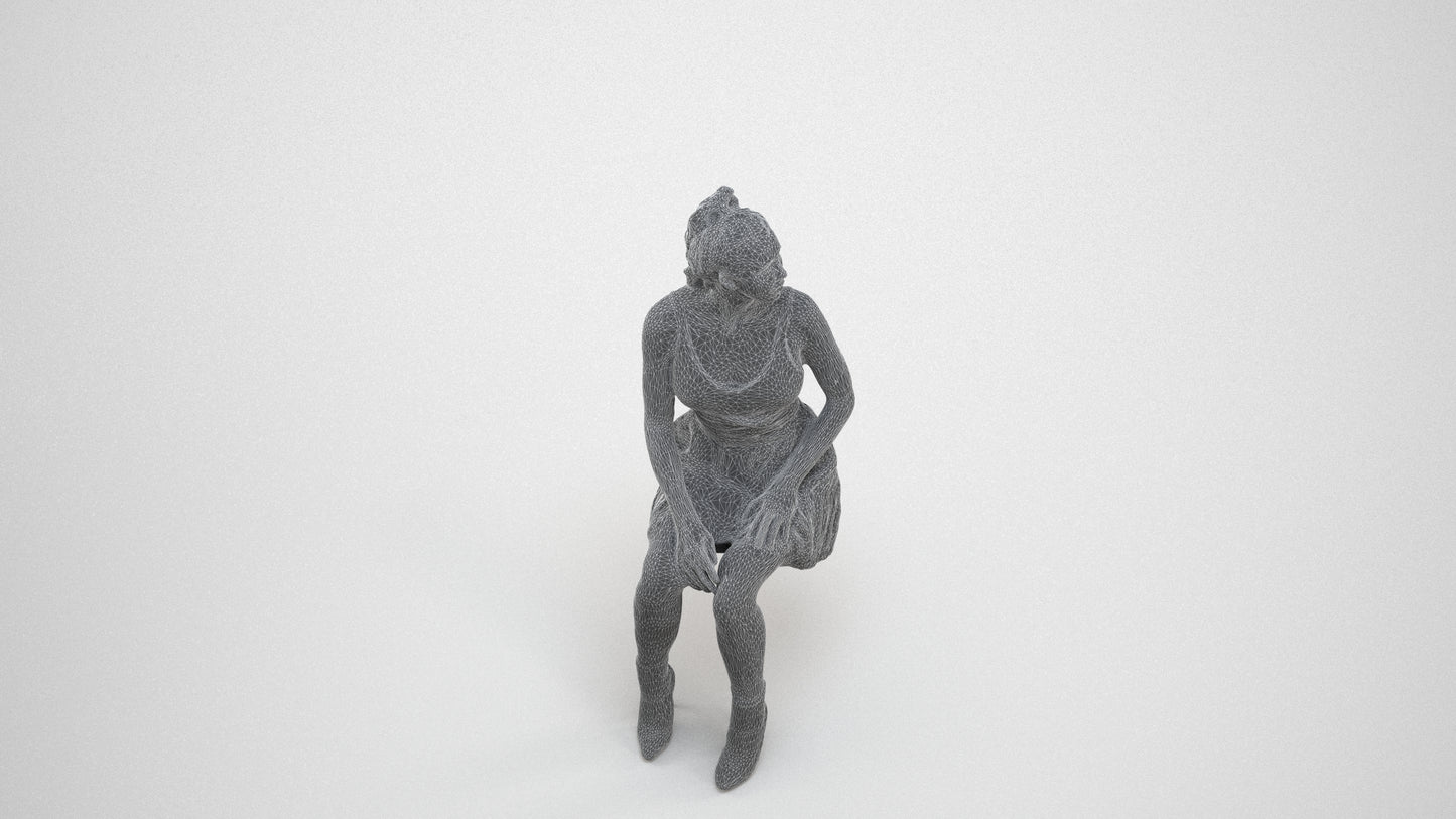 scanned 3D woman casual sitting, photogrammetry people for Enscape and V-Ray, wireframe three-quarter view