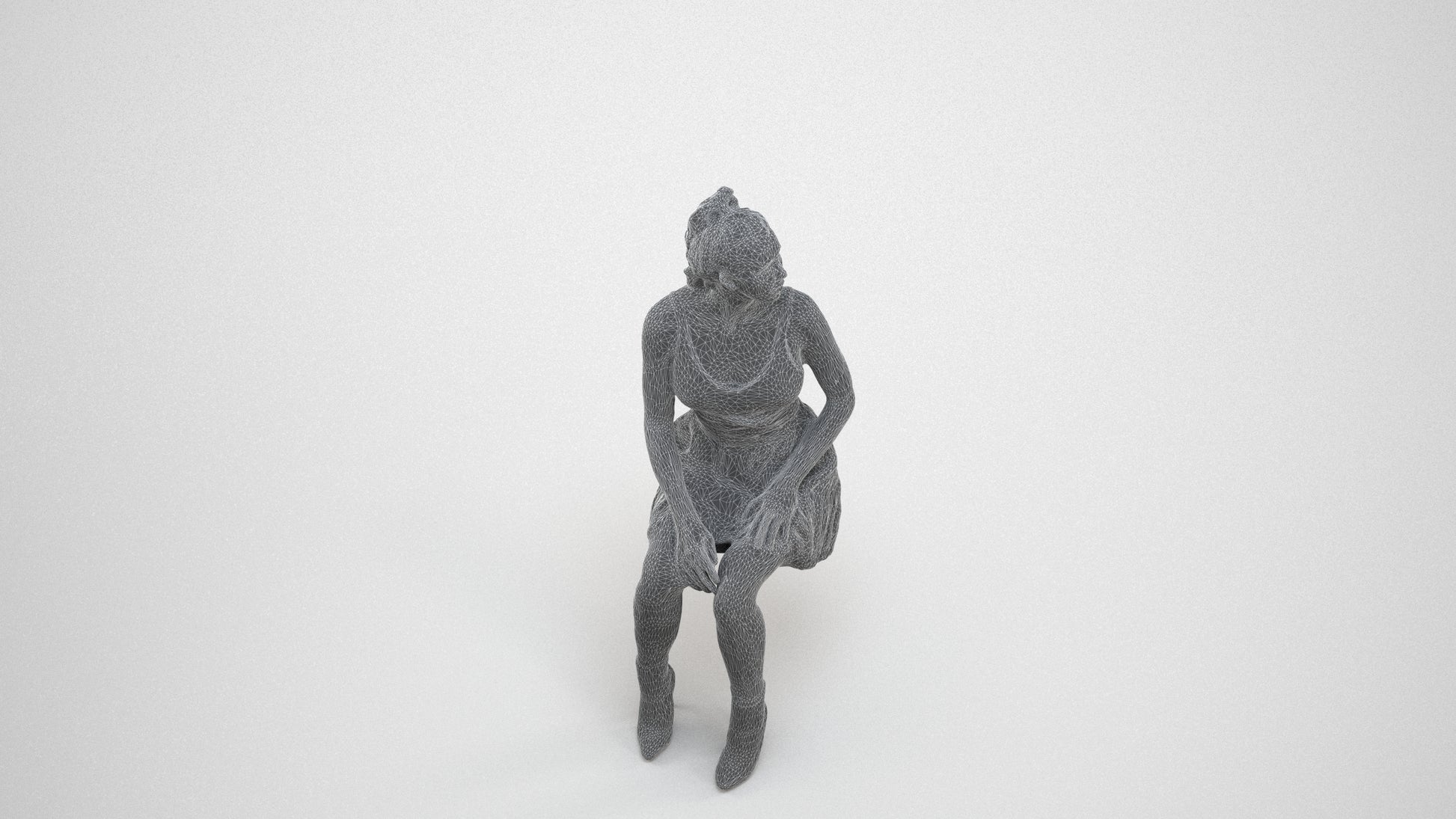 scanned 3D woman casual sitting, photogrammetry people for Enscape and V-Ray, wireframe three-quarter view