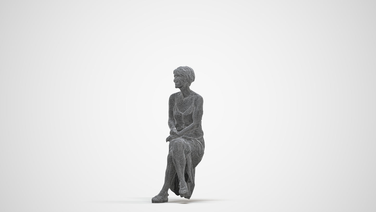 3D people model senior woman sitting, scanned human for 3ds Max rendering, three-quarter front view render