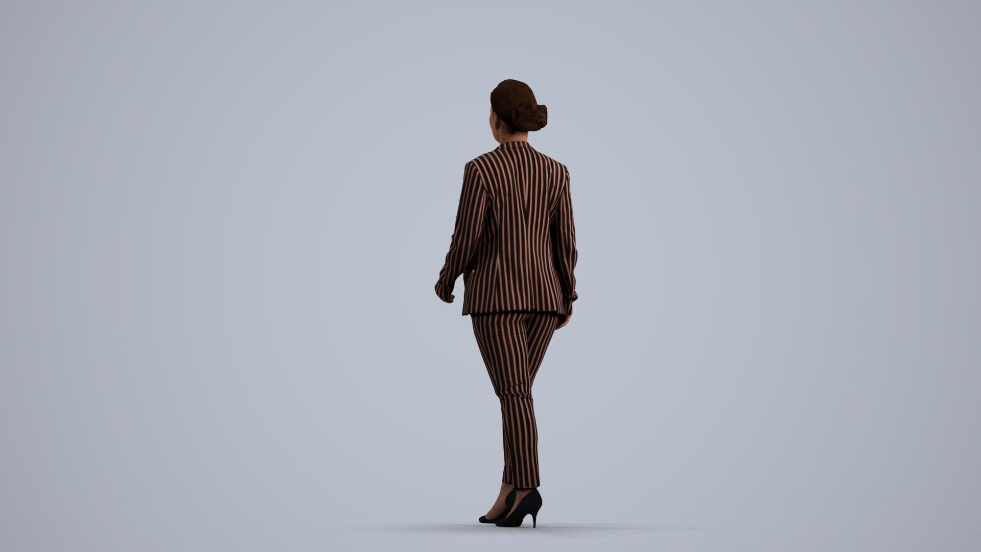 3D human model woman business walking, photogrammetry scanned person for archviz, front view render