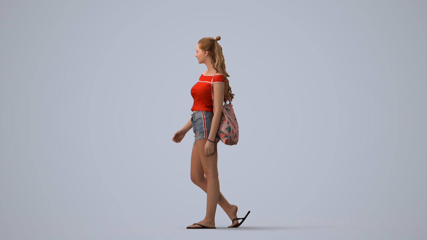 realistic 3D people girl casual walking, render-ready for V-Ray and Corona, FBX OBJ, three-quarter view render