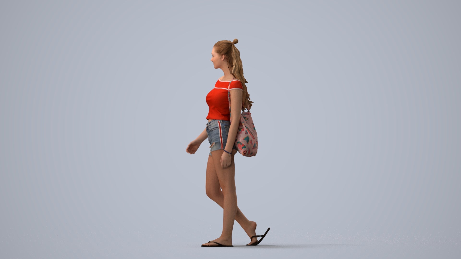 realistic 3D people girl casual walking, render-ready for V-Ray and Corona, FBX OBJ, three-quarter view render