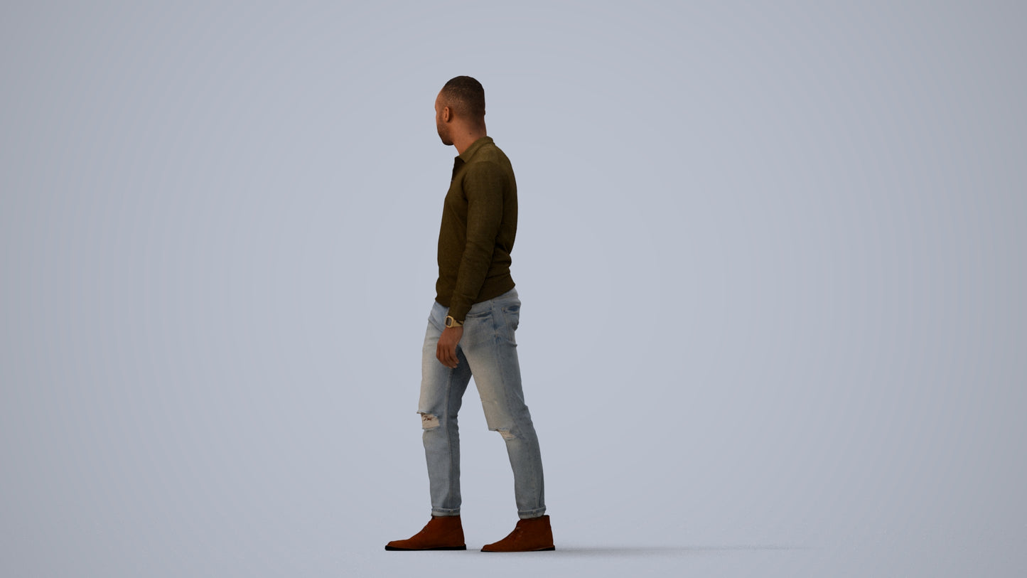 photogrammetry 3D man casual walking, realistic human model archviz FBX, three-quarter view render