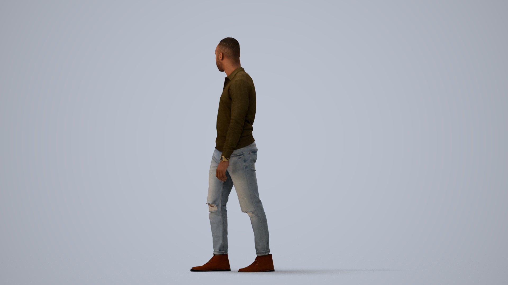 photogrammetry 3D man casual walking, realistic human model archviz FBX, three-quarter view render