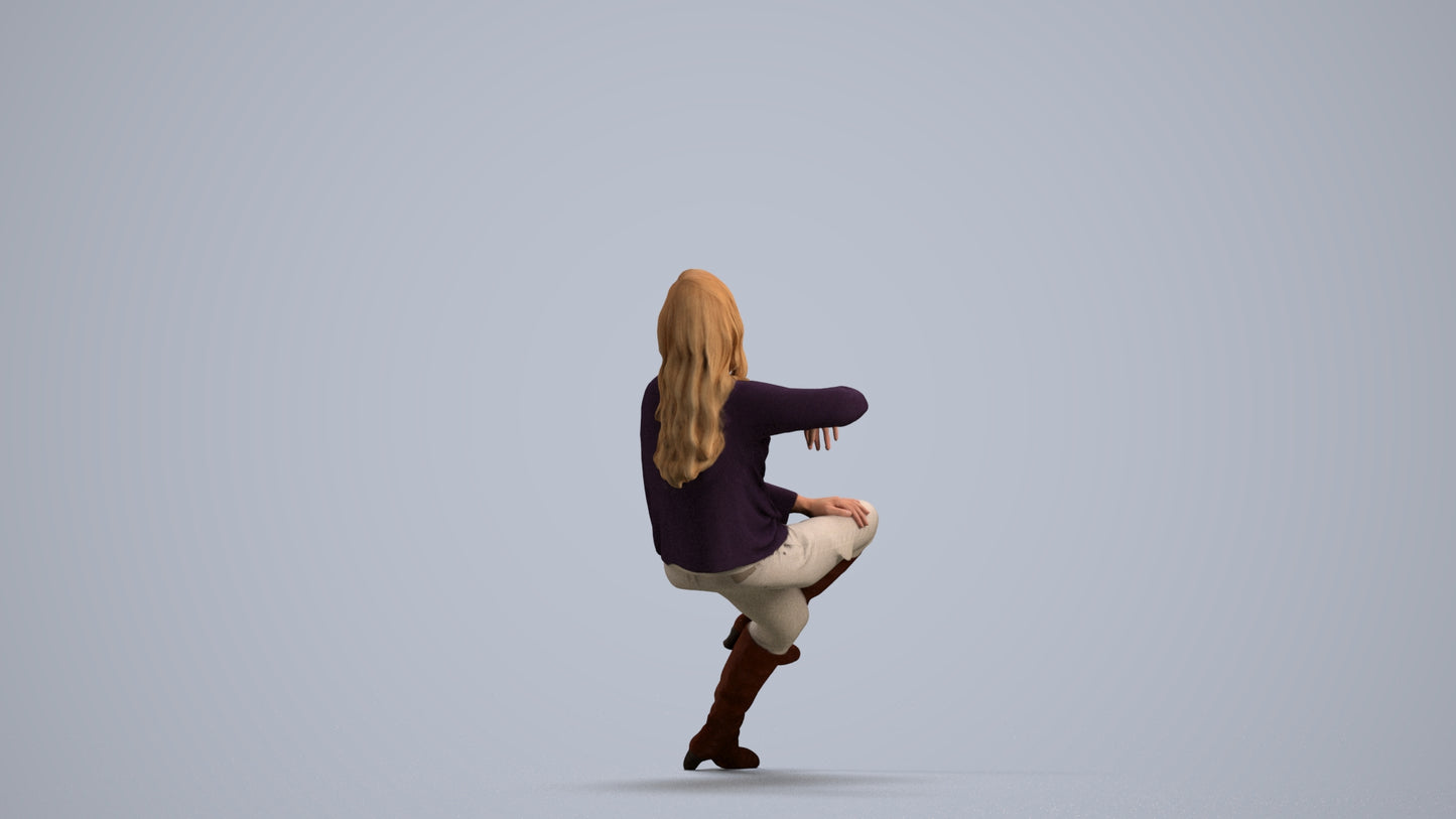 3D human model woman casual sitting, photogrammetry scanned person for archviz, front view render