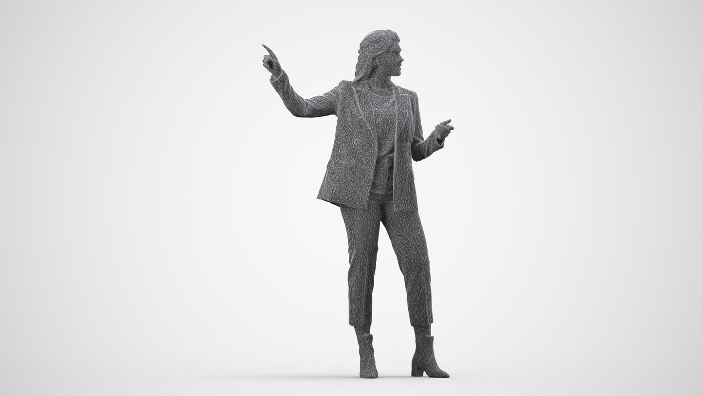 3D human model woman business, photogrammetry scanned person for archviz, wireframe side view