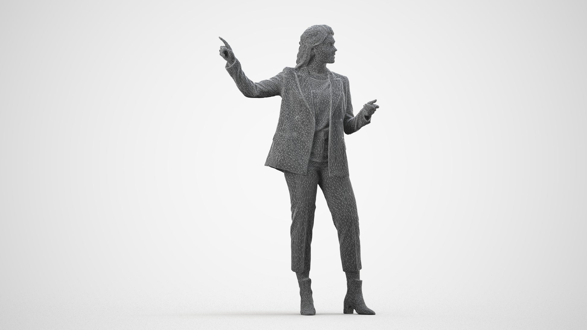 3D human model woman business, photogrammetry scanned person for archviz, wireframe side view