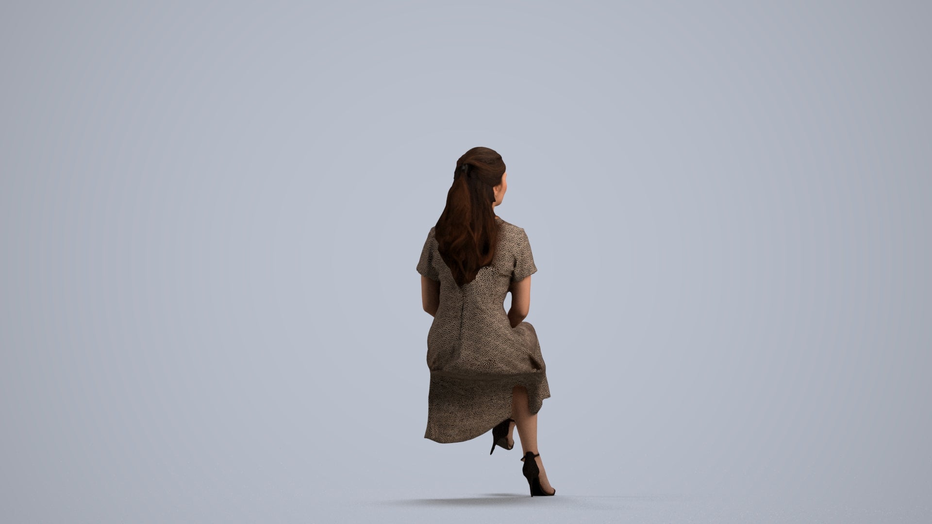 realistic 3D woman casual sitting, scanned archviz people for Blender and 3ds Max, front view render