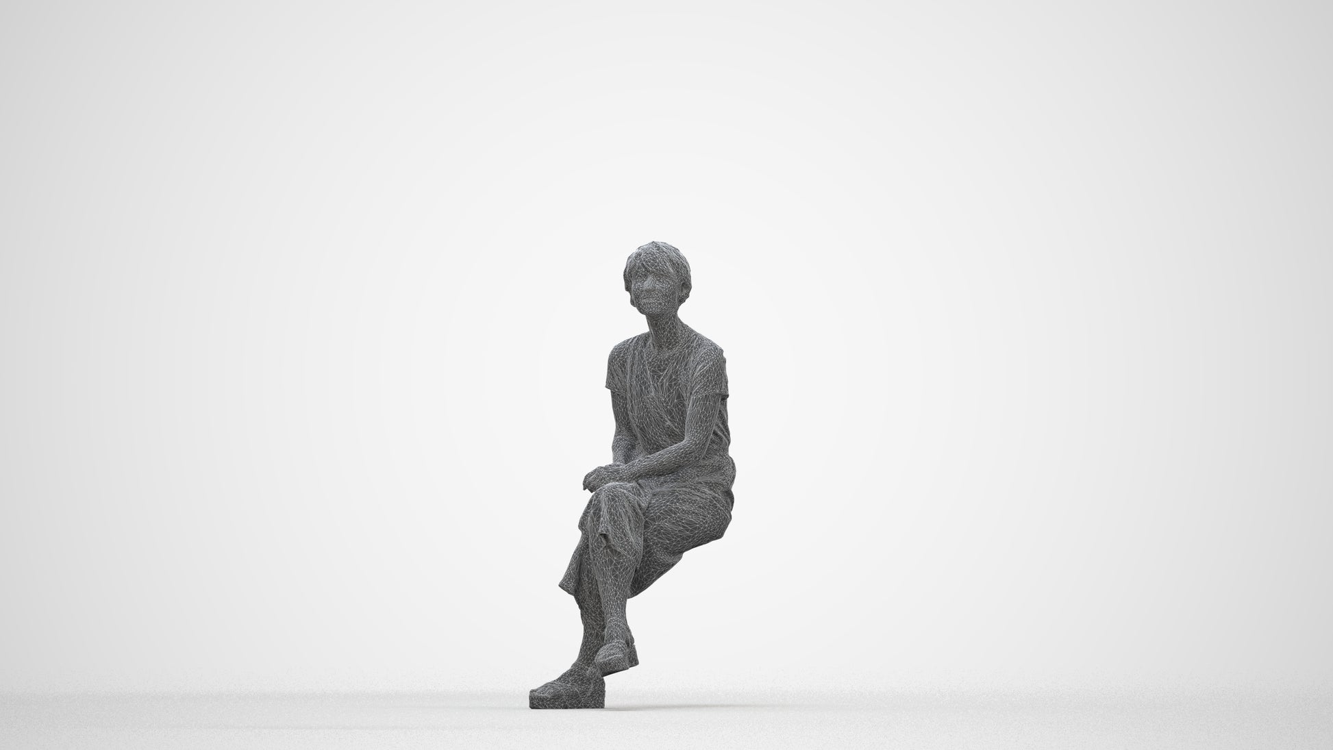 realistic 3D senior woman casual sitting, scanned archviz people for Blender and 3ds Max, wireframe back view