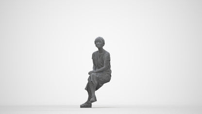 realistic 3D senior woman casual sitting, scanned archviz people for Blender and 3ds Max, wireframe back view