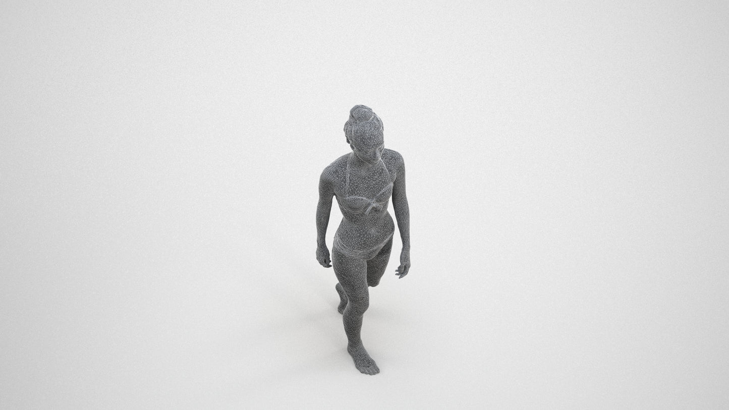 realistic 3D human woman pool, archviz people FBX OBJ for Blender, wireframe three-quarter view