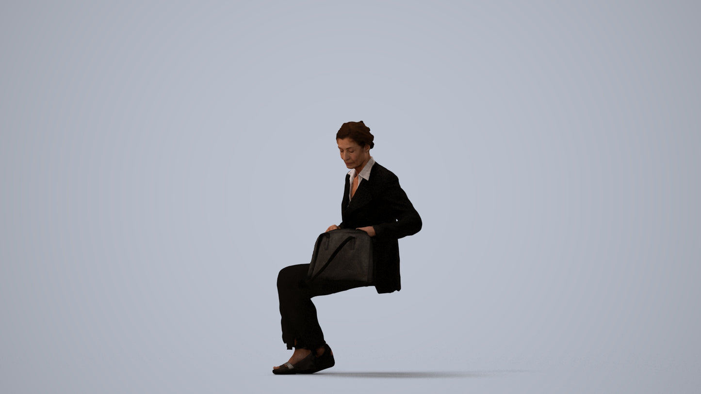 3D human model senior woman business sitting, photogrammetry scanned person for archviz, three-quarter view render