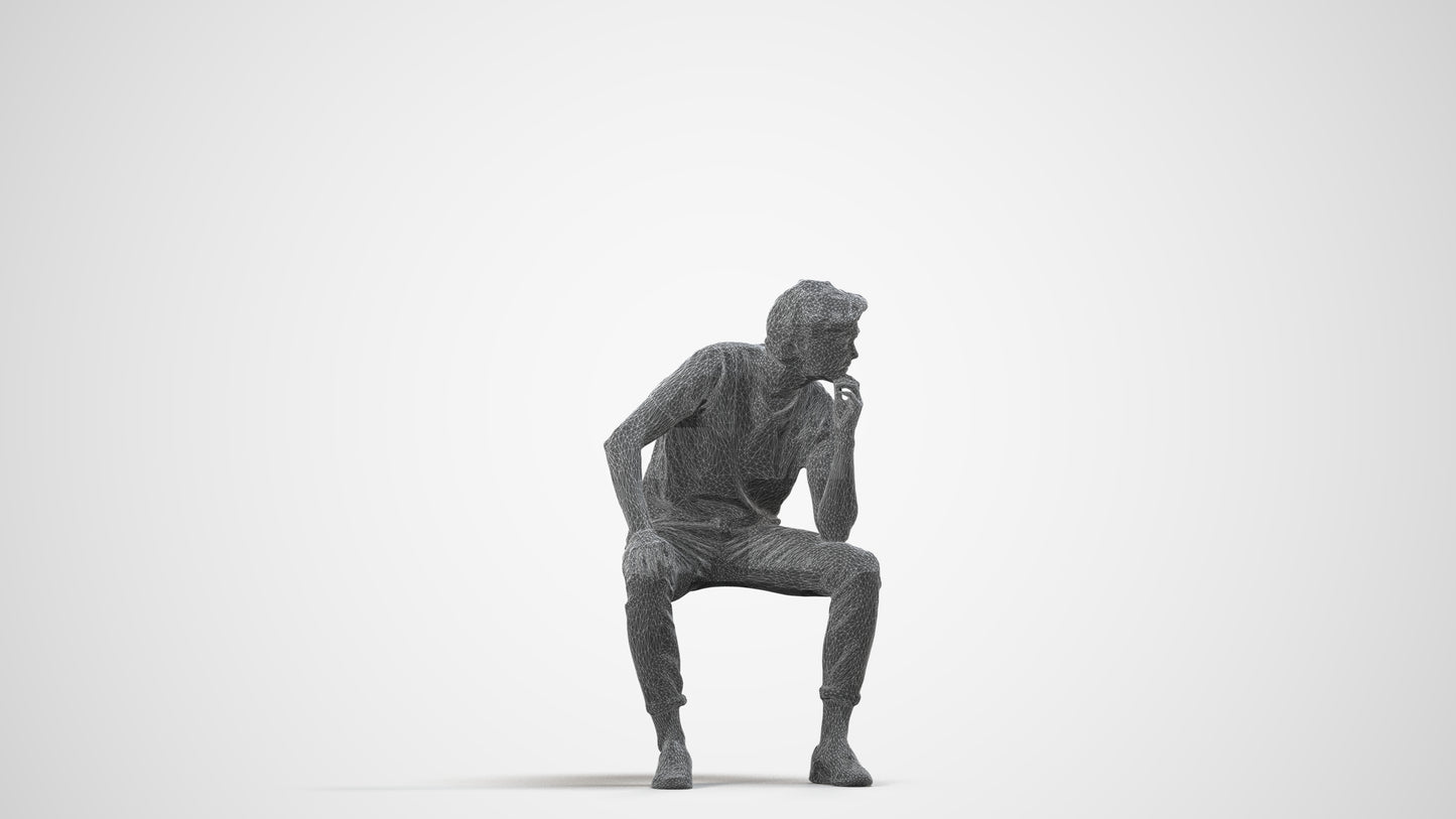 3D scanned man sitting casual, photorealistic archviz people for Enscape and SketchUp, wireframe side view