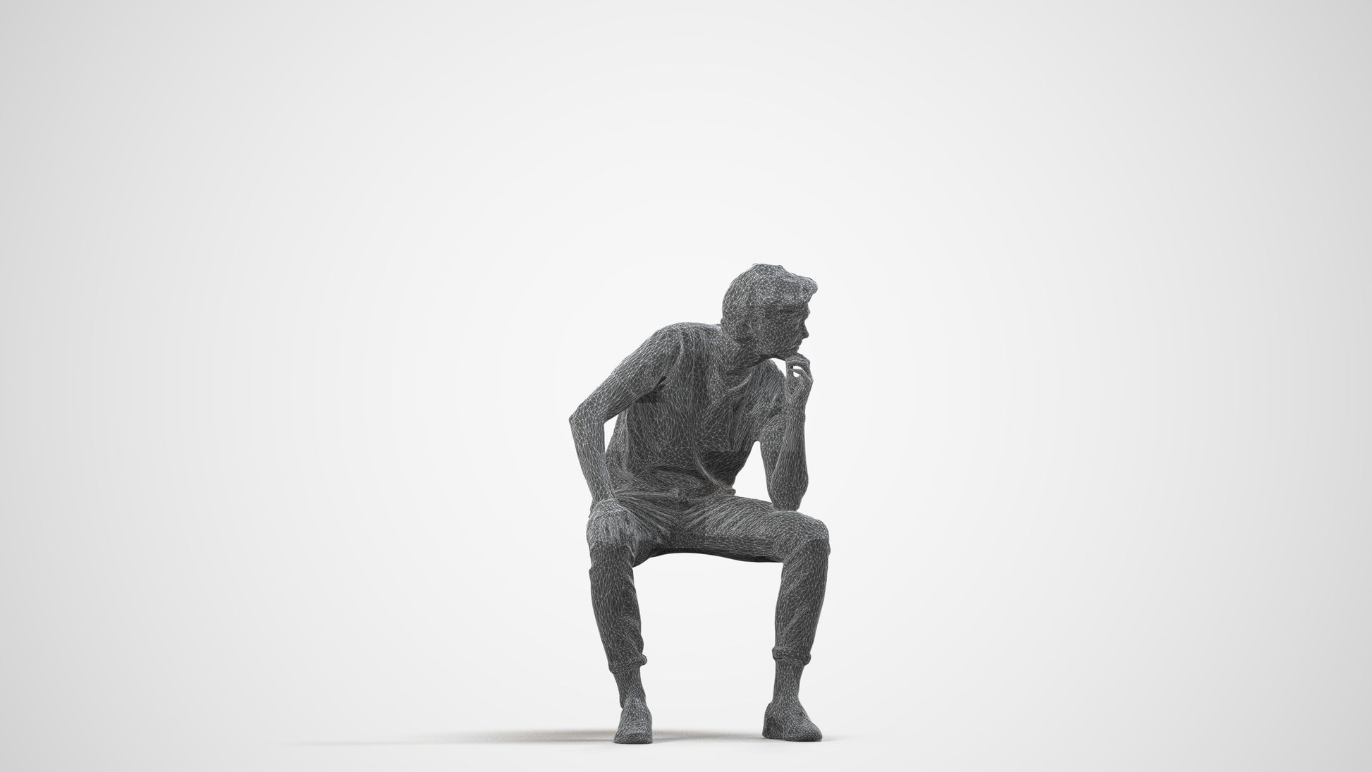 3D scanned man sitting casual, photorealistic archviz people for Enscape and SketchUp, wireframe side view
