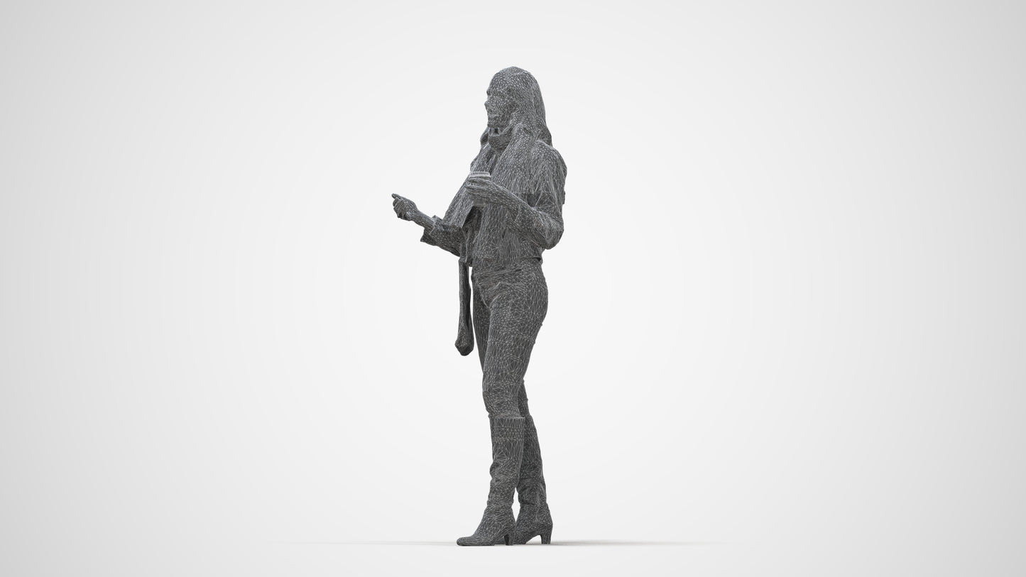 3D human model woman casual standing, photogrammetry scanned person for archviz, wireframe back view