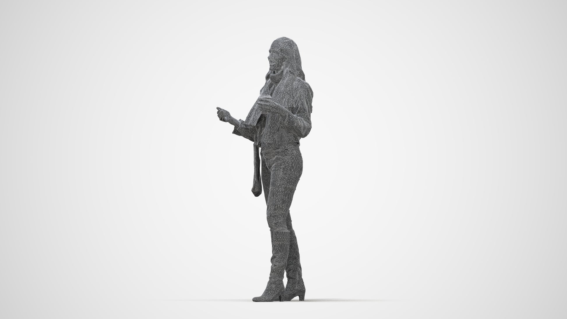 3D human model woman casual standing, photogrammetry scanned person for archviz, wireframe back view