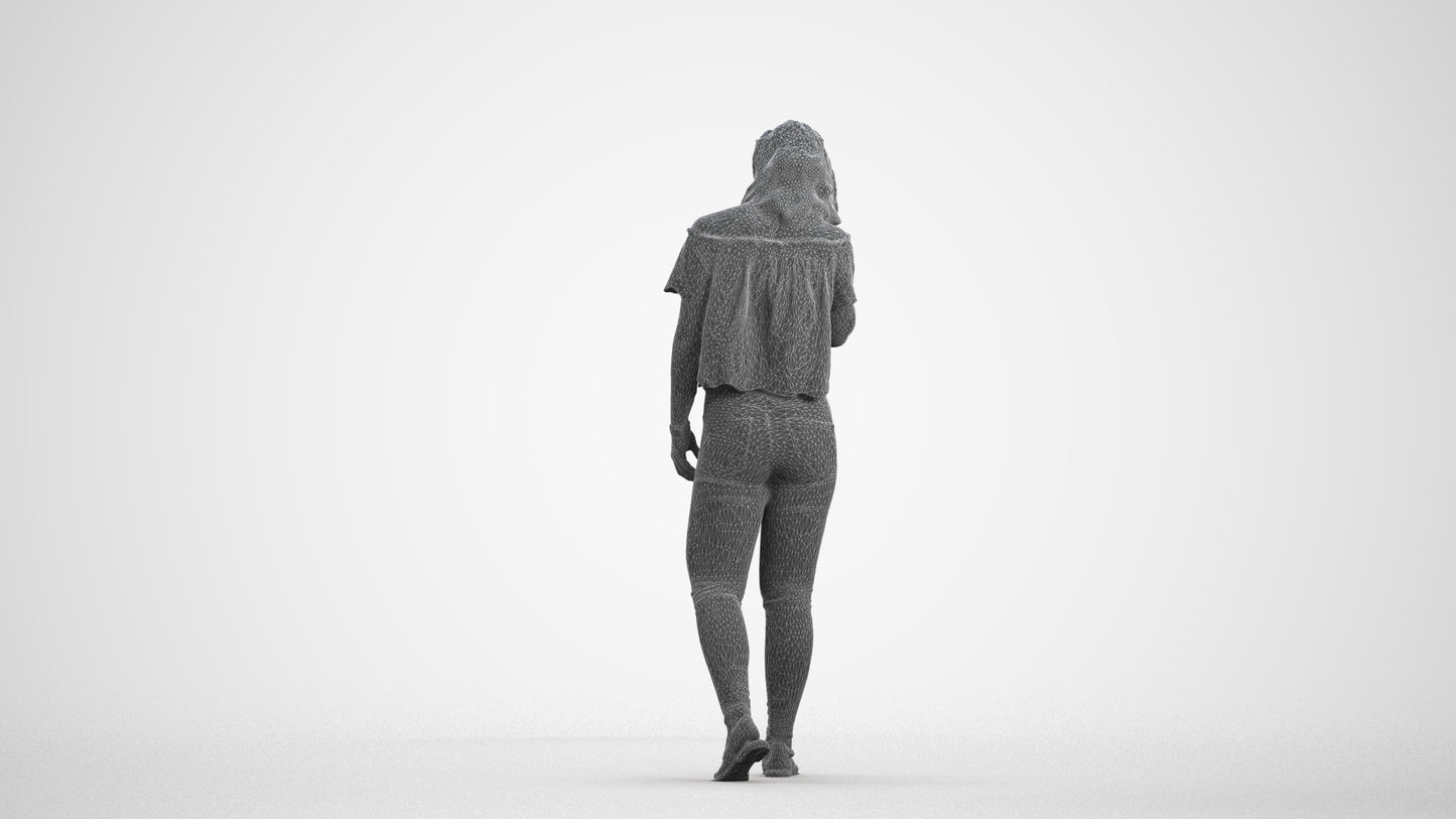 realistic 3D woman casual walking, scanned archviz people for Blender and 3ds Max, wireframe front view