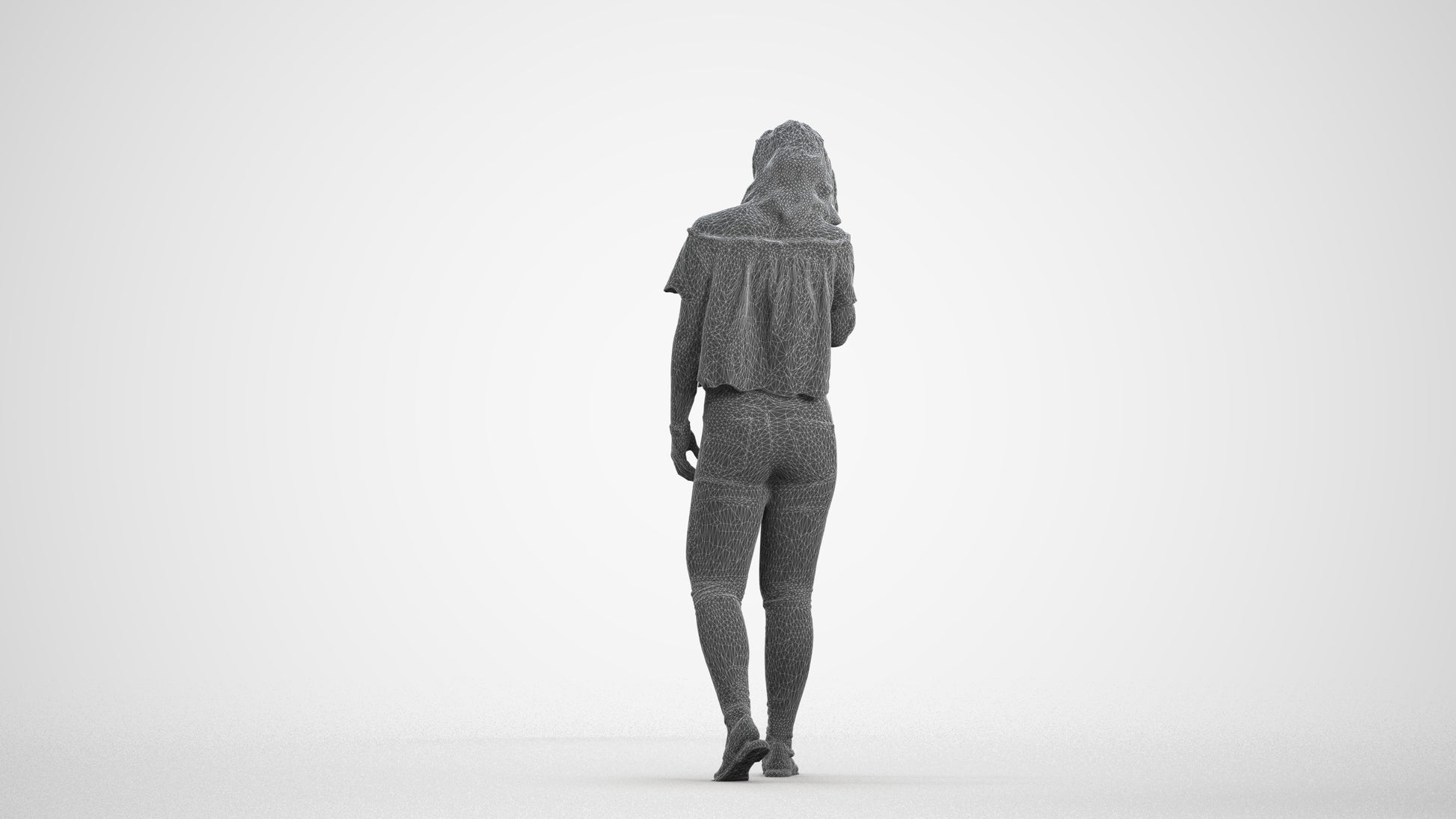 realistic 3D woman casual walking, scanned archviz people for Blender and 3ds Max, wireframe front view