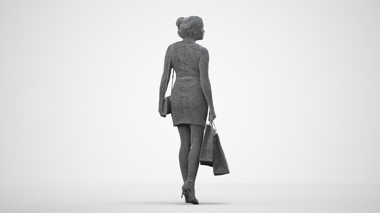 photogrammetry 3D woman casual shopping, realistic human model archviz FBX, wireframe side view