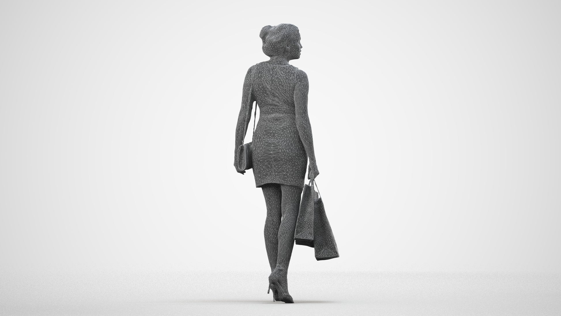 photogrammetry 3D woman casual shopping, realistic human model archviz FBX, wireframe side view