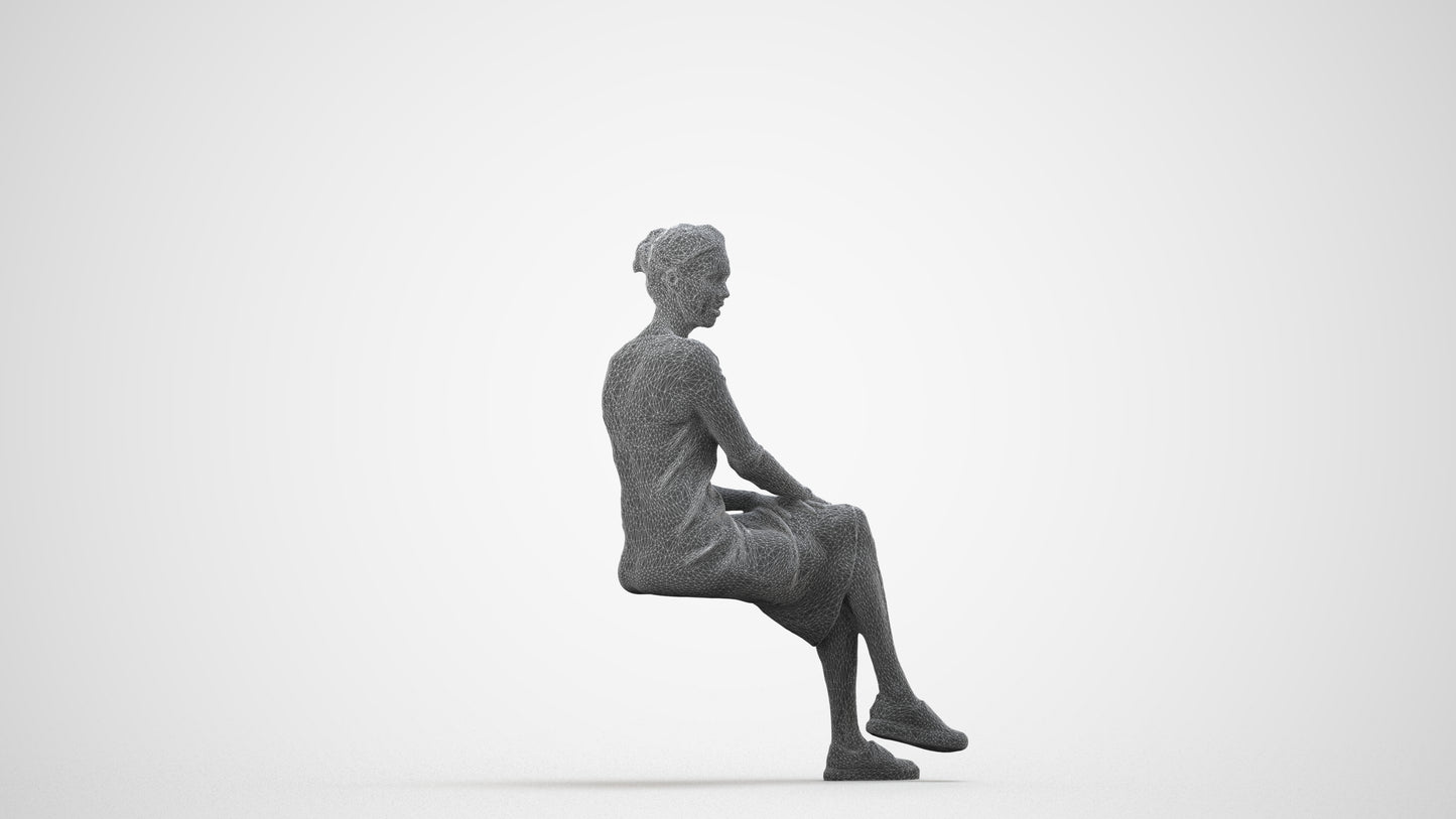 3D scanned woman sitting casual, photorealistic archviz people for Enscape and SketchUp, wireframe side view