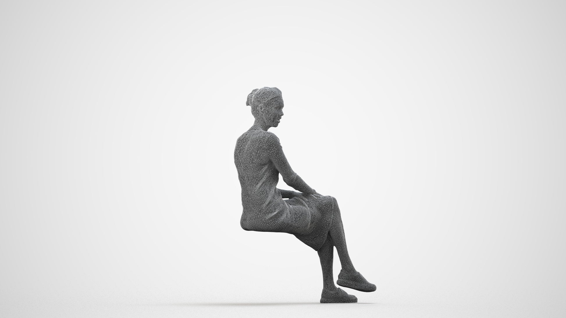 3D scanned woman sitting casual, photorealistic archviz people for Enscape and SketchUp, wireframe side view