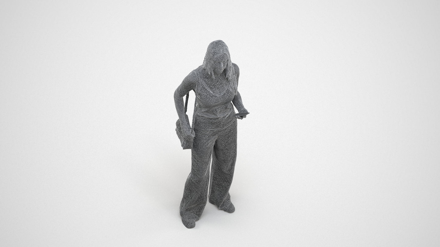 realistic 3D people woman casual standing, render-ready for V-Ray and Corona, FBX OBJ, wireframe three-quarter view