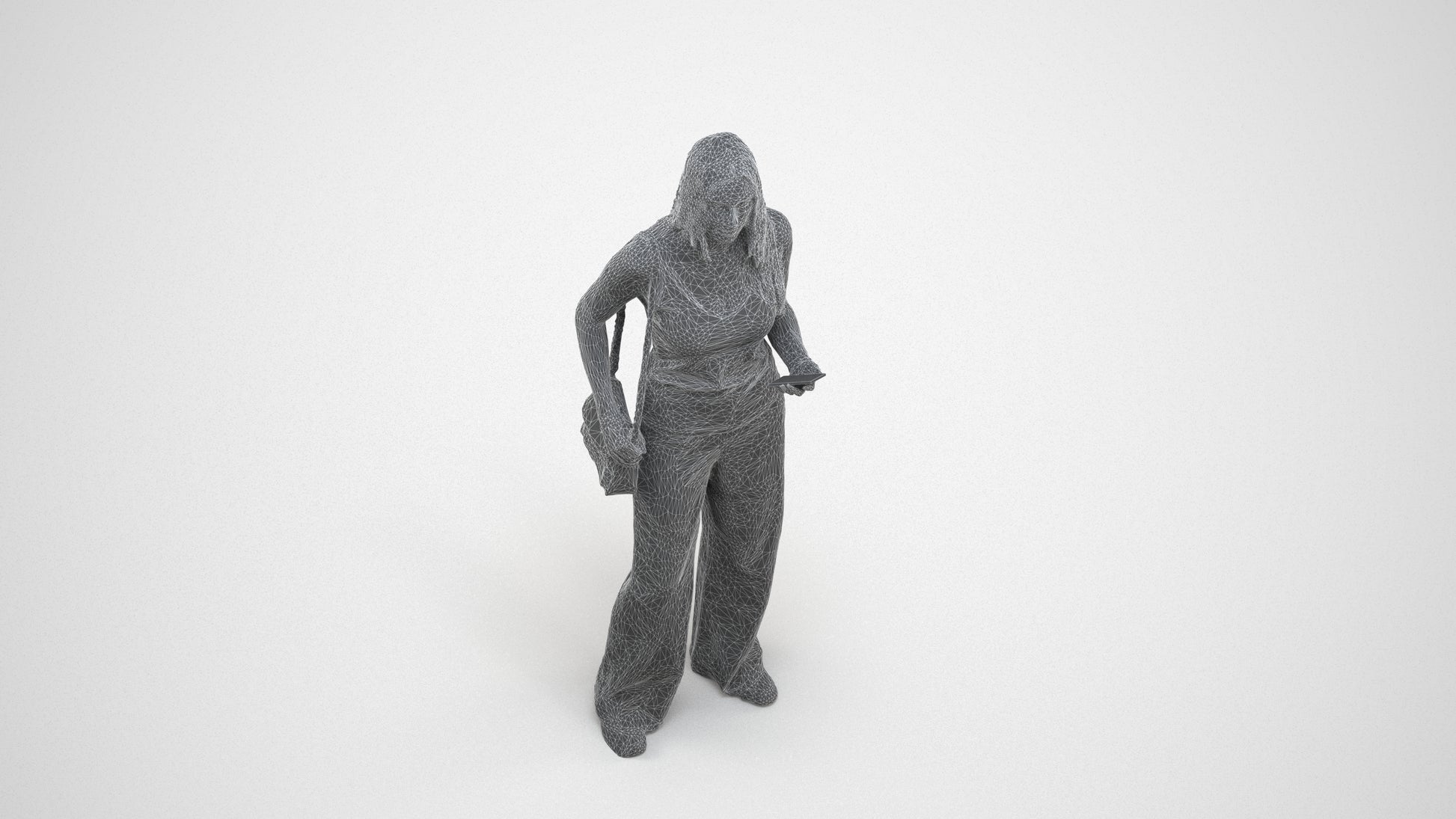 realistic 3D people woman casual standing, render-ready for V-Ray and Corona, FBX OBJ, wireframe three-quarter view