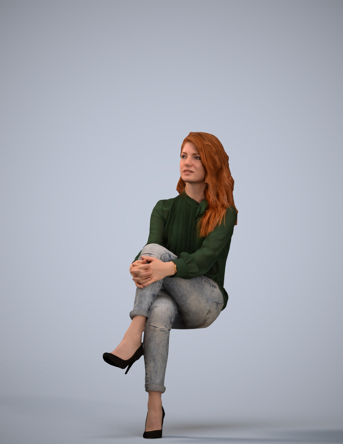 realistic 3D woman casual sitting, scanned archviz people for Blender and 3ds Max