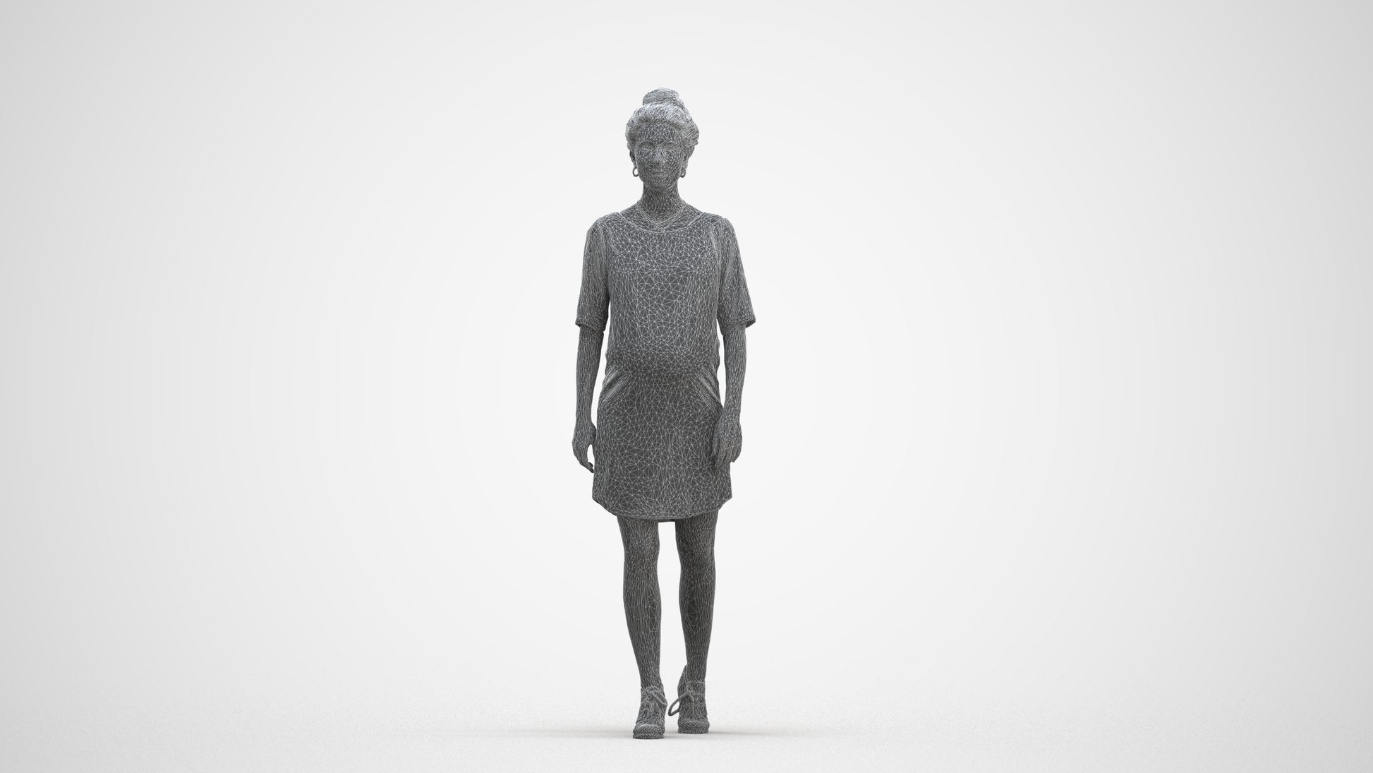 3D scanned woman walking casual, photorealistic archviz people for Enscape and SketchUp, three-quarter front view render
