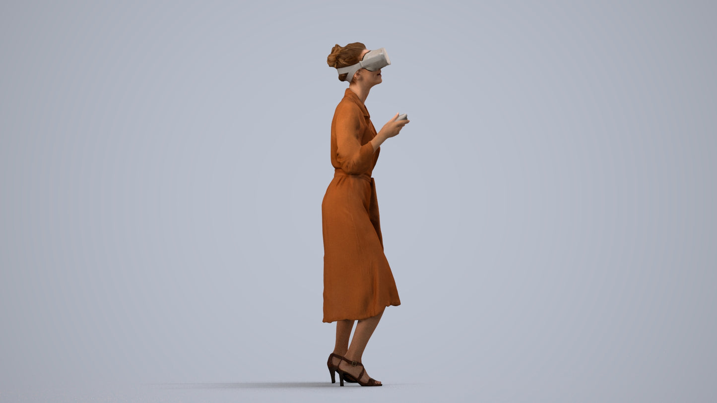 3D human model woman casual standing, photogrammetry scanned person for archviz, side view render