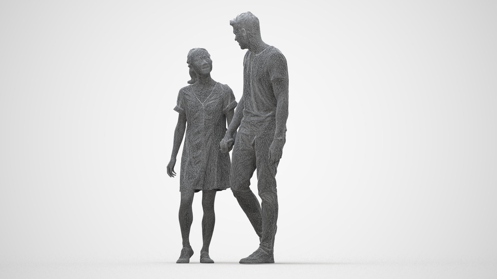 3D people model woman casual couple, scanned human for 3ds Max rendering, wireframe back view