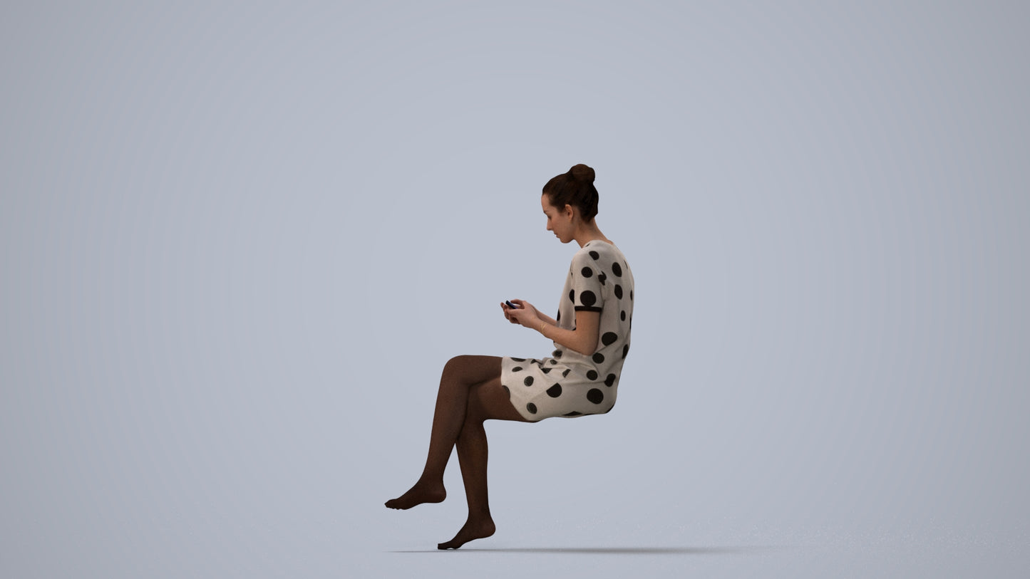 3D scanned woman sitting casual, photorealistic archviz people for Enscape and SketchUp, three-quarter view render