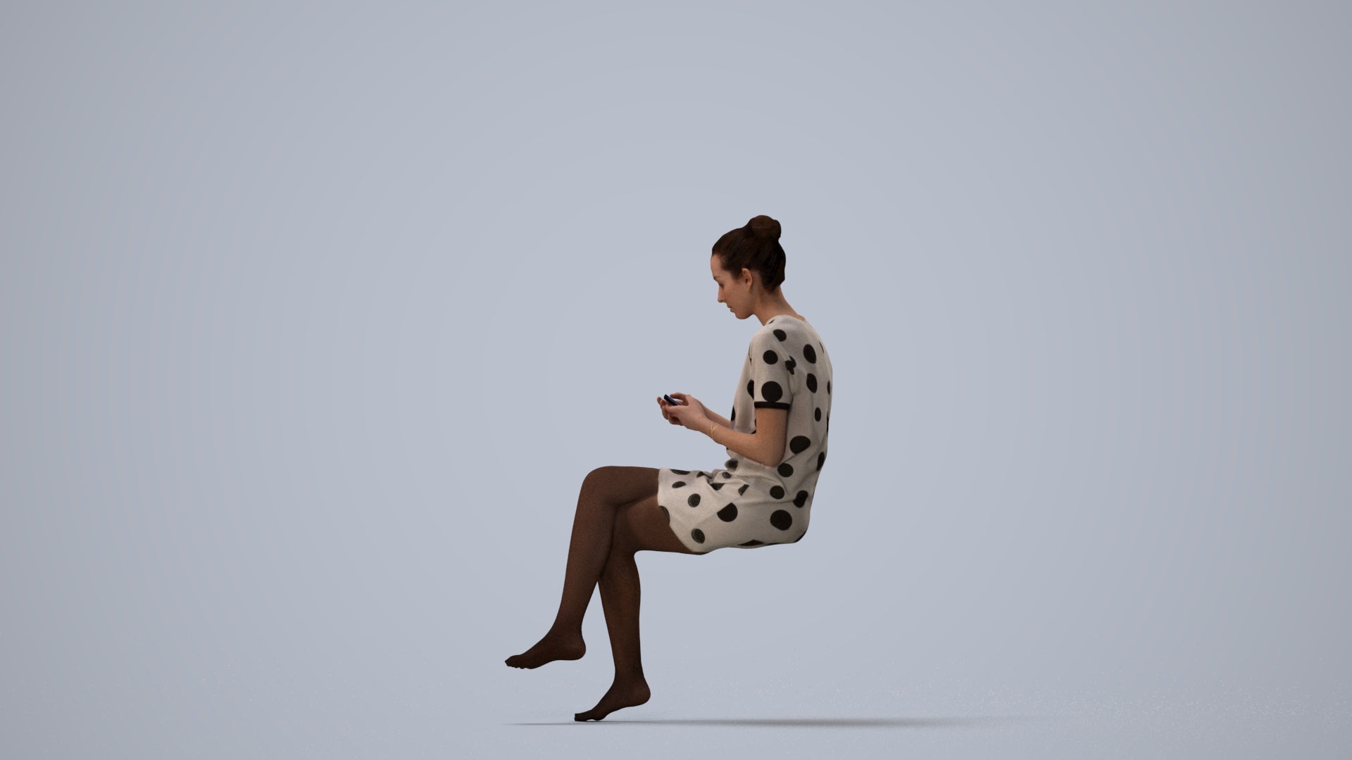 3D scanned woman sitting casual, photorealistic archviz people for Enscape and SketchUp, three-quarter view render