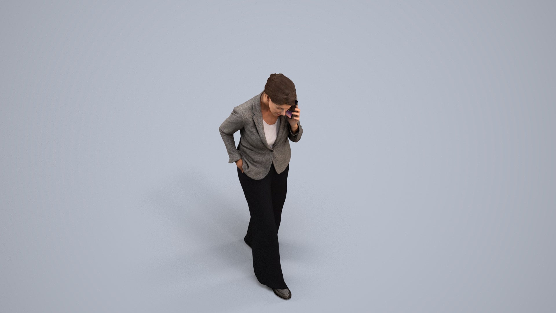 3D human model woman business, photogrammetry scanned person for archviz, back view render