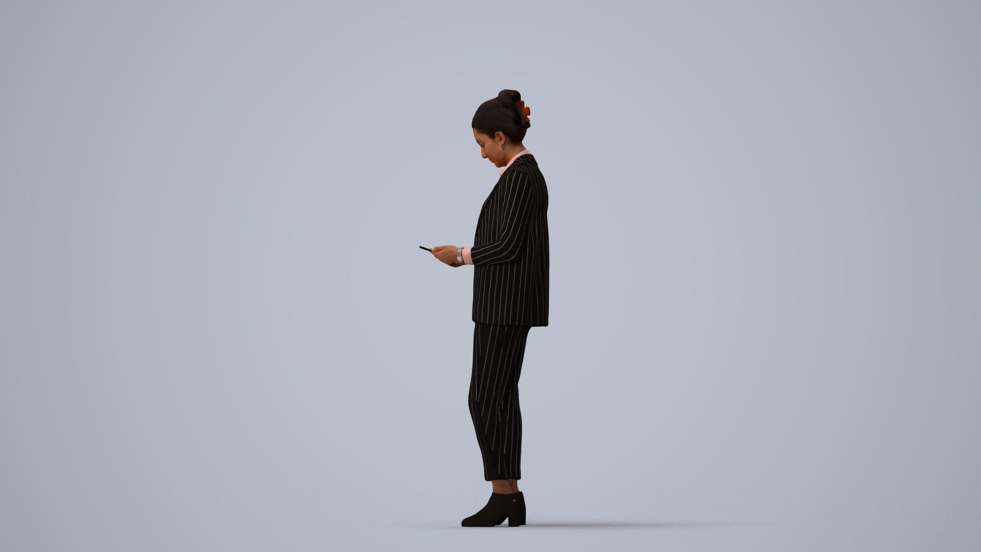 realistic 3D woman business standing, scanned archviz people for Blender and 3ds Max, three-quarter view render