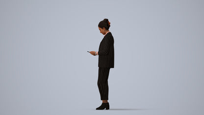 realistic 3D woman business standing, scanned archviz people for Blender and 3ds Max, three-quarter view render