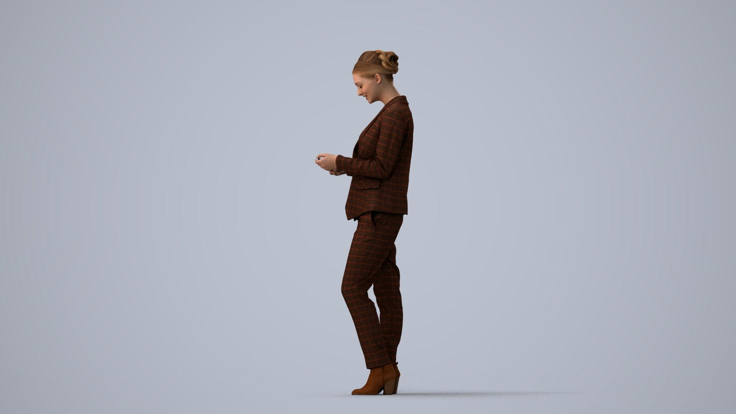 3D human model woman business standing, photogrammetry scanned person for archviz, three-quarter view render