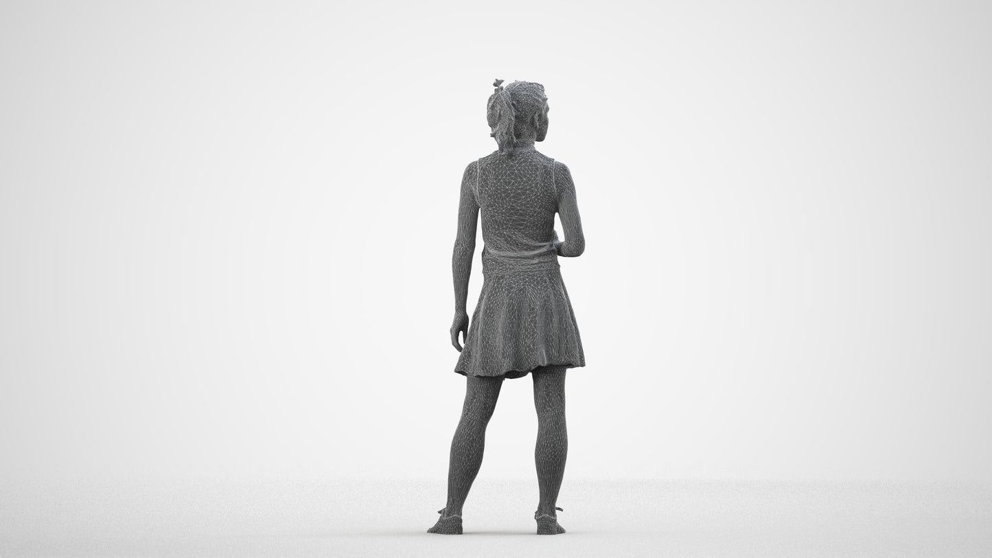 realistic 3D woman casual standing, scanned archviz people for Blender and 3ds Max, wireframe side view