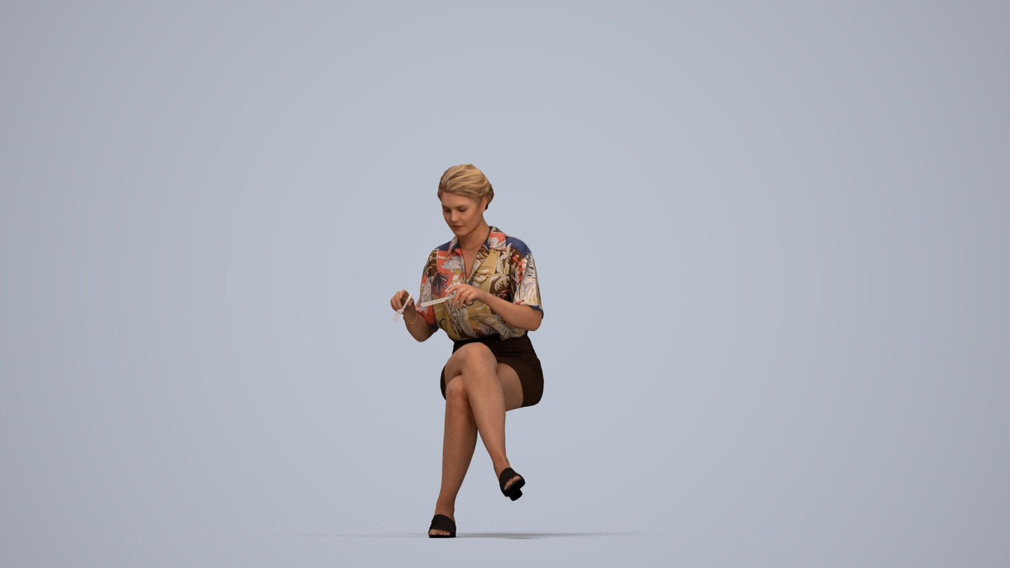 photogrammetry 3D woman casual sitting, realistic human model archviz FBX, top-down view render