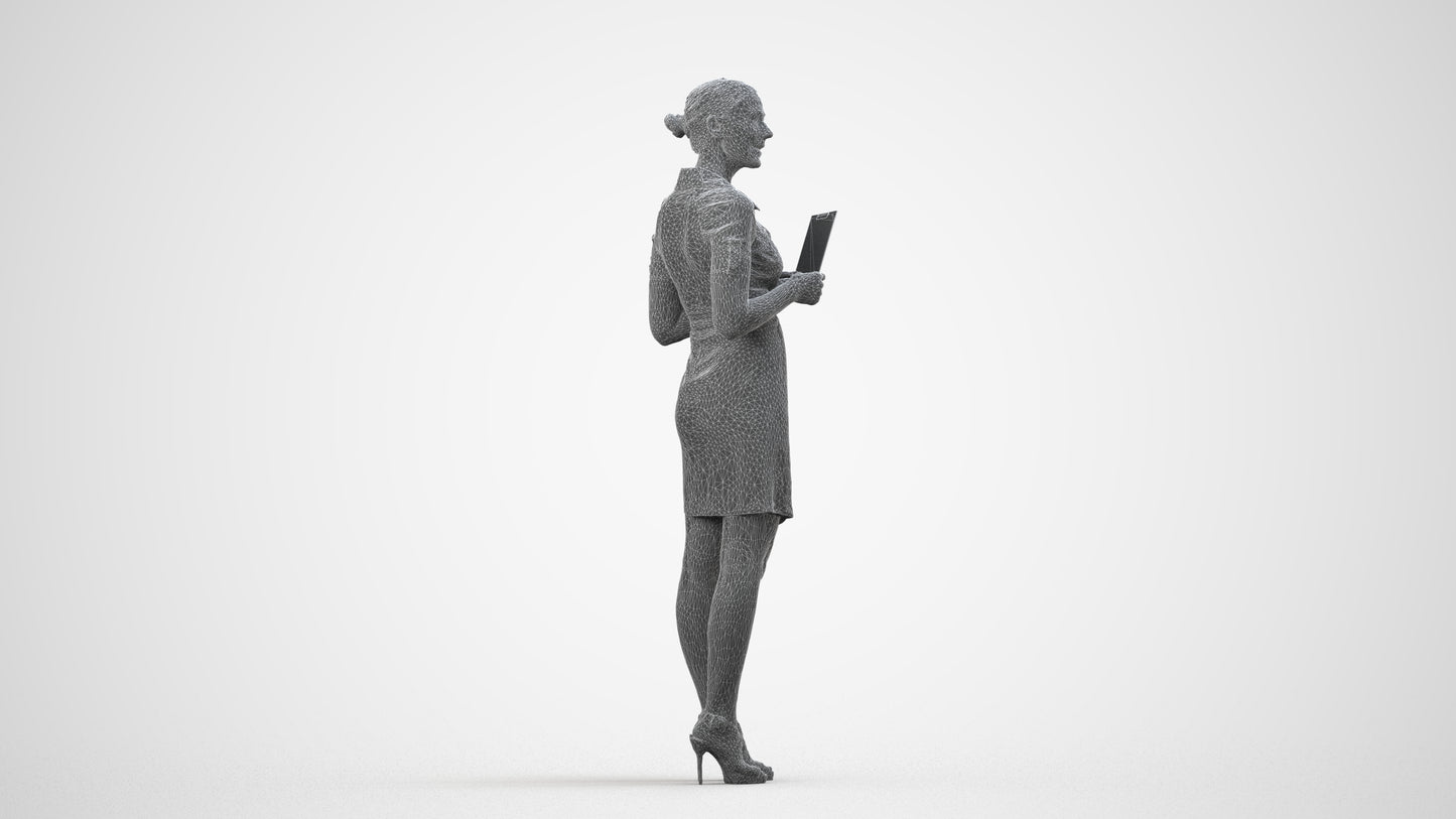 3D people model woman business standing, scanned human for 3ds Max rendering, wireframe side view