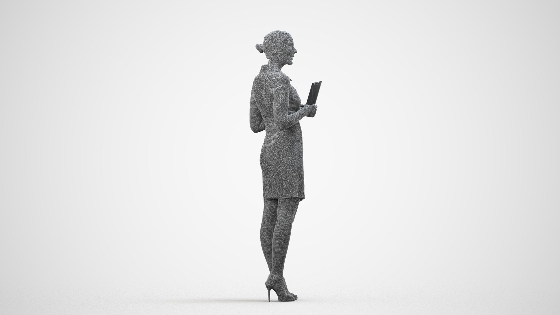 3D people model woman business standing, scanned human for 3ds Max rendering, wireframe side view