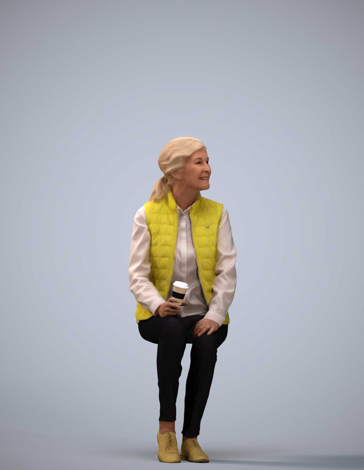 3D scanned senior woman sitting casual, photorealistic archviz people for Enscape and SketchUp
