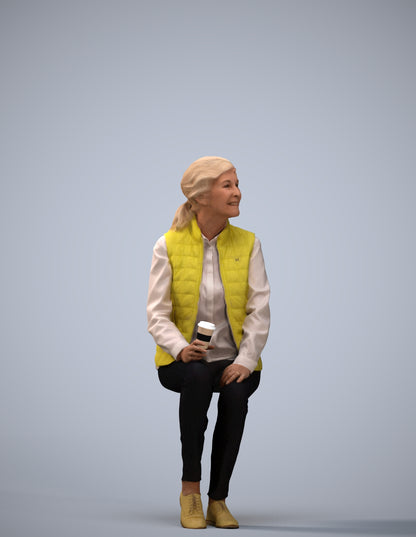 3D scanned senior woman sitting casual, photorealistic archviz people for Enscape and SketchUp