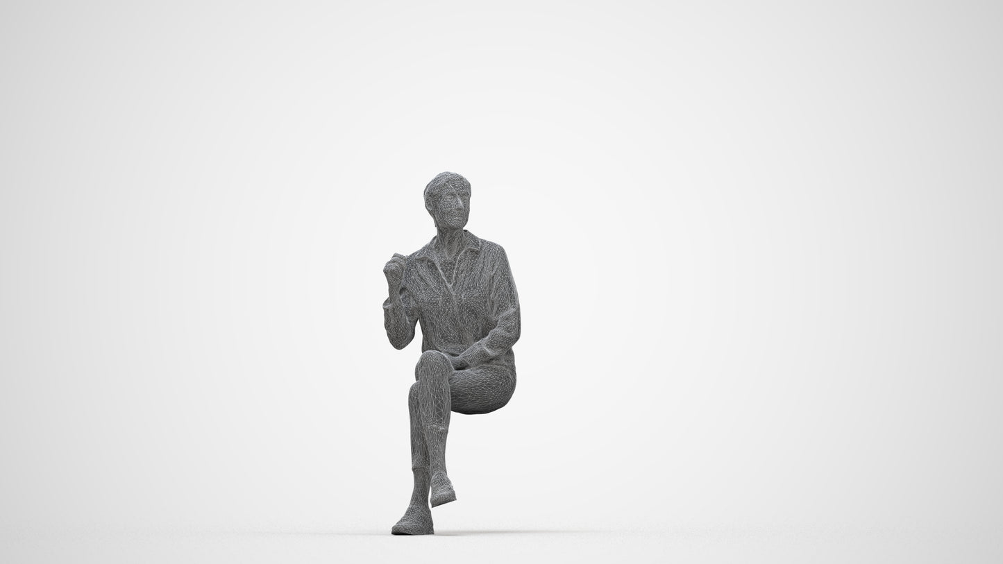 realistic 3D human senior woman casual sitting, archviz people FBX OBJ for Blender, wireframe back view