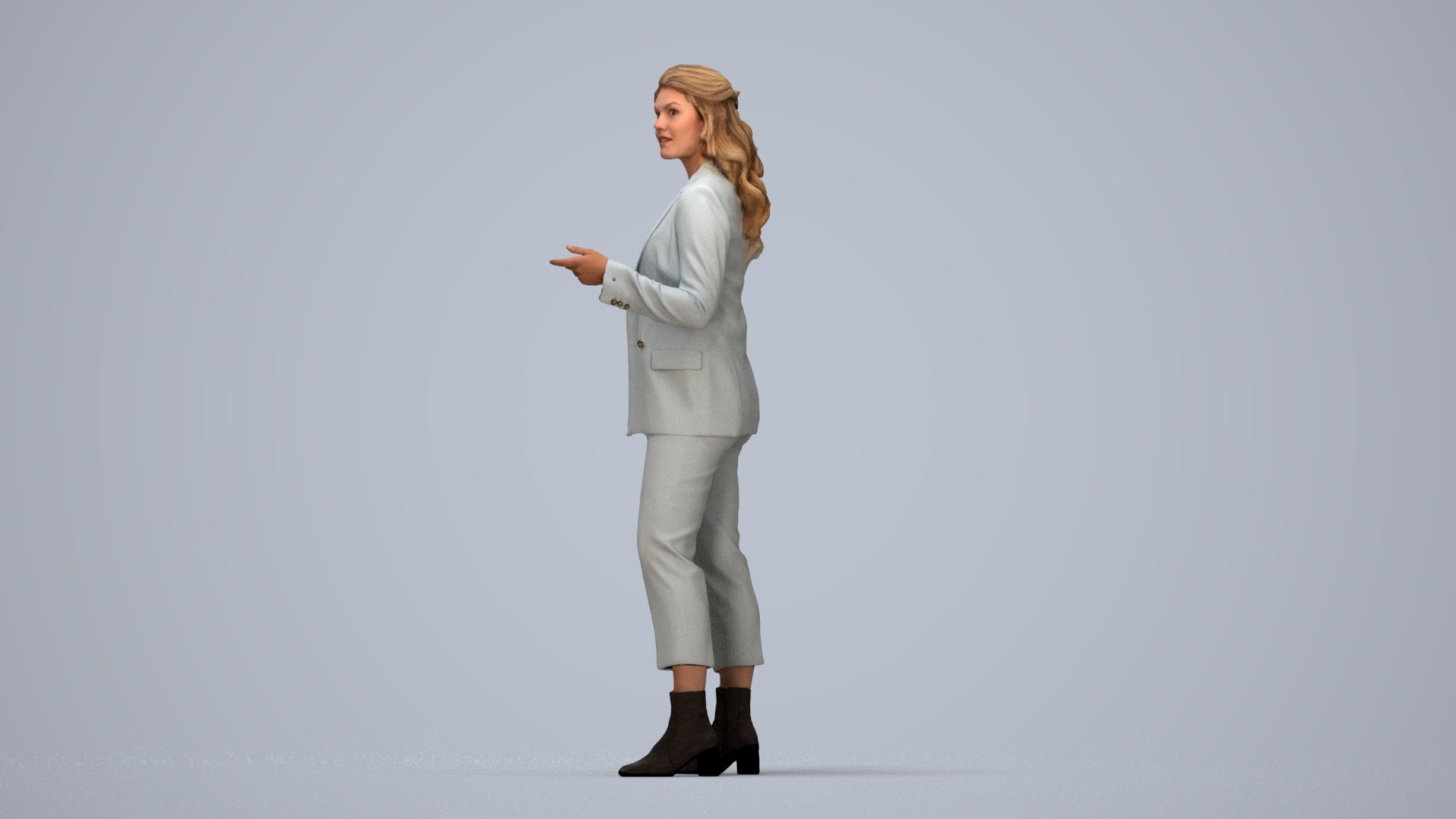 3D human model woman business, photogrammetry scanned person for archviz, top-down view render