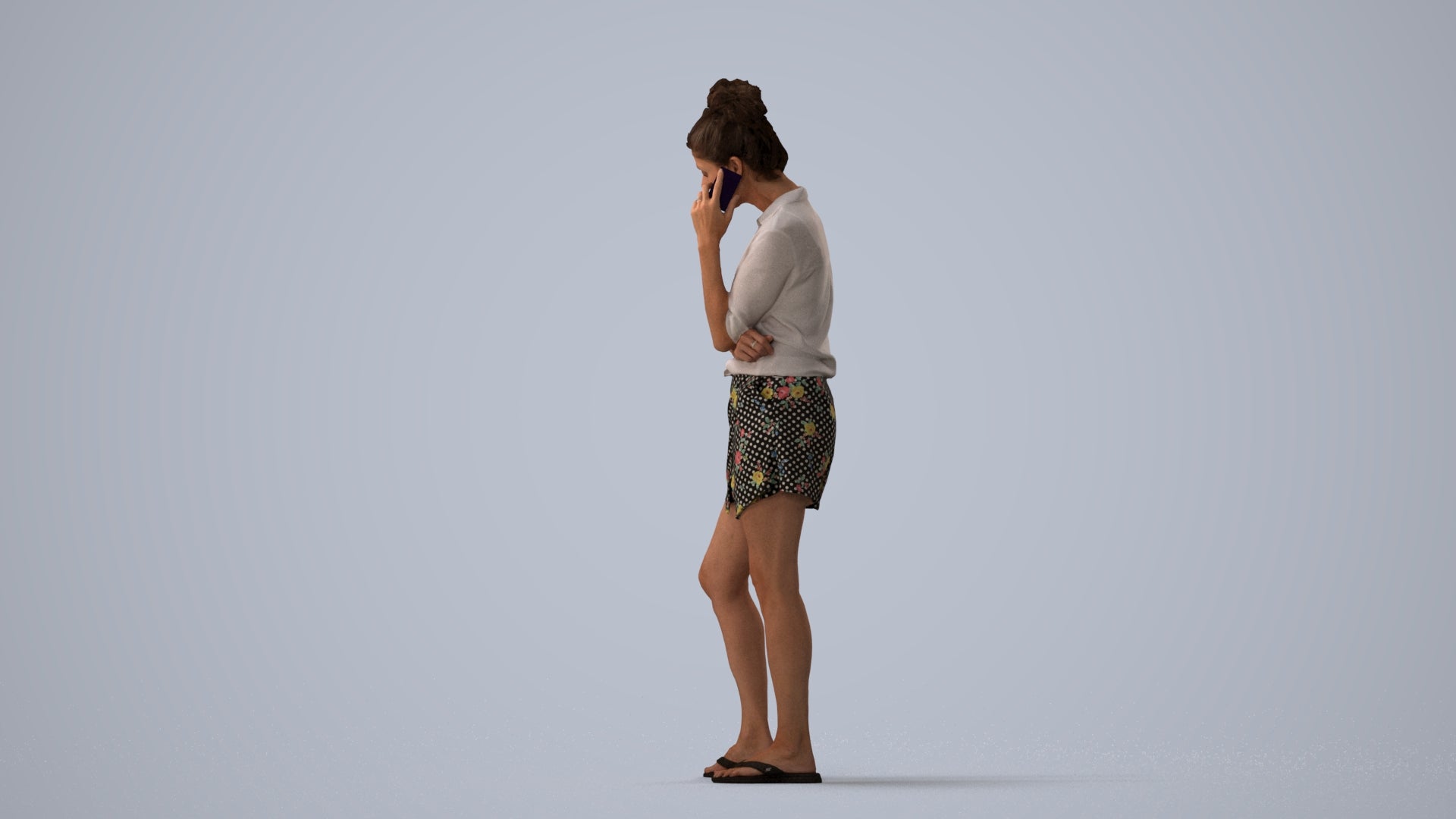 realistic 3D human woman casual standing, archviz people FBX OBJ for Blender, three-quarter view render