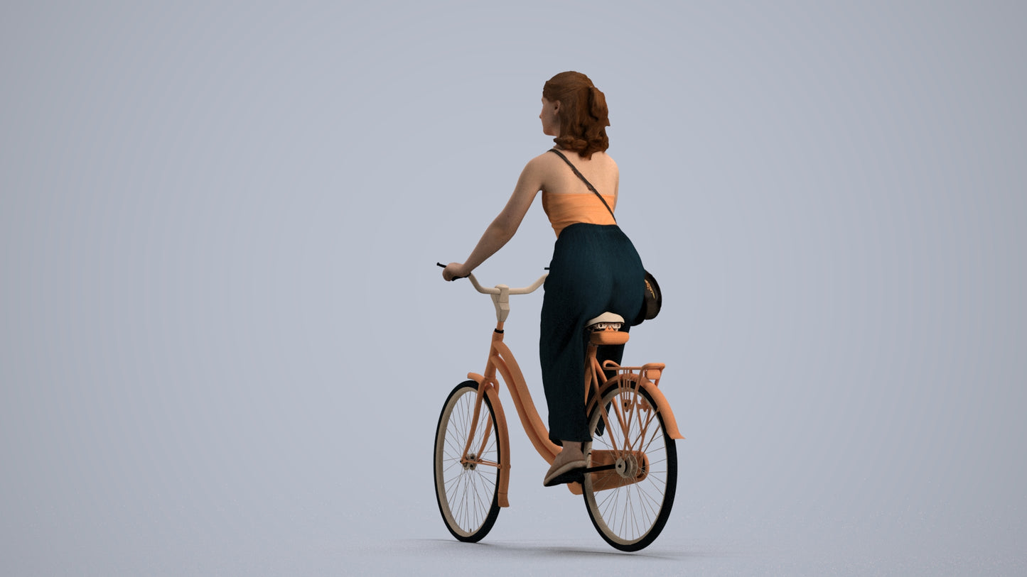 realistic 3D human girl casual cycling, archviz people FBX OBJ for Blender, front view render